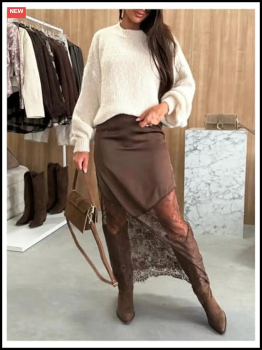 Women's Lace Maxi Skirt Satin Asymmetrical Patchwork High Waist Bodycon